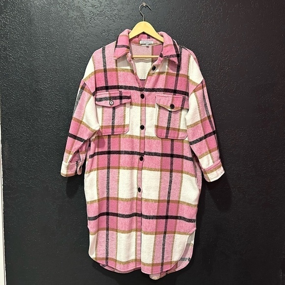 MISS SPARKLING Pink/White Plaid Shacket Jacket Size M - Picture 1 of 7